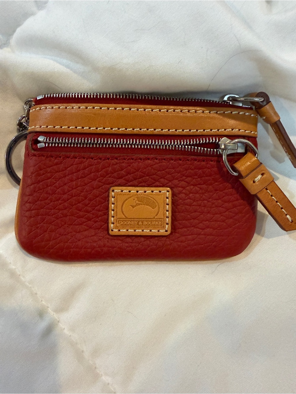 Dooney & Bourke Red Pebbled Leather Coin Pouch with Tan Trim
